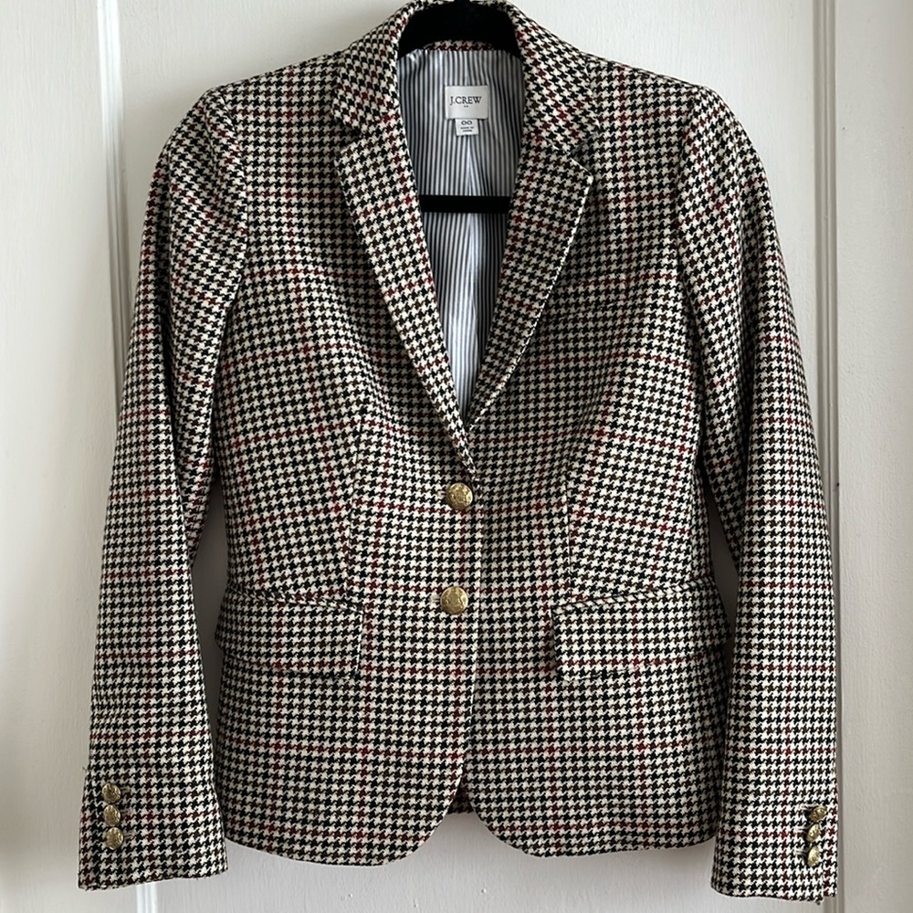J.Crew Fitted Herringbone Plaid Two Button Wool Blend Blazer Jacket Size 00 - Picture 1 of 15